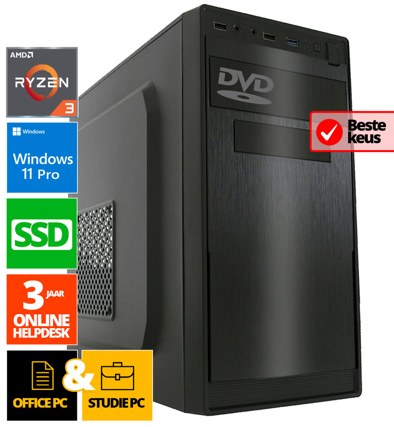 Budget Office PC - Ryzen 3 - 500GB NVME SSD - 16GB RAM - Radeon Vega 8 - Windows 11 Pro