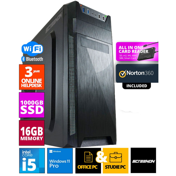 Intel Office PC - Intel Core i5 - 1TB NVME SSD - 16GB RAM - GTX 1660 - Including Office Professional Plus 2021, Norton 360 & USB SD Card Reader