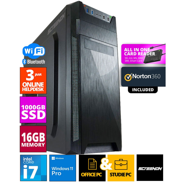 Intel Orçamento Office PC - Intel Core i7 - 1TB NVME SSD - 16GB RAM - UHD Graphics 630 - incluindo Office Professional Plus 2021, Norton 360 e USB SD Card Reader